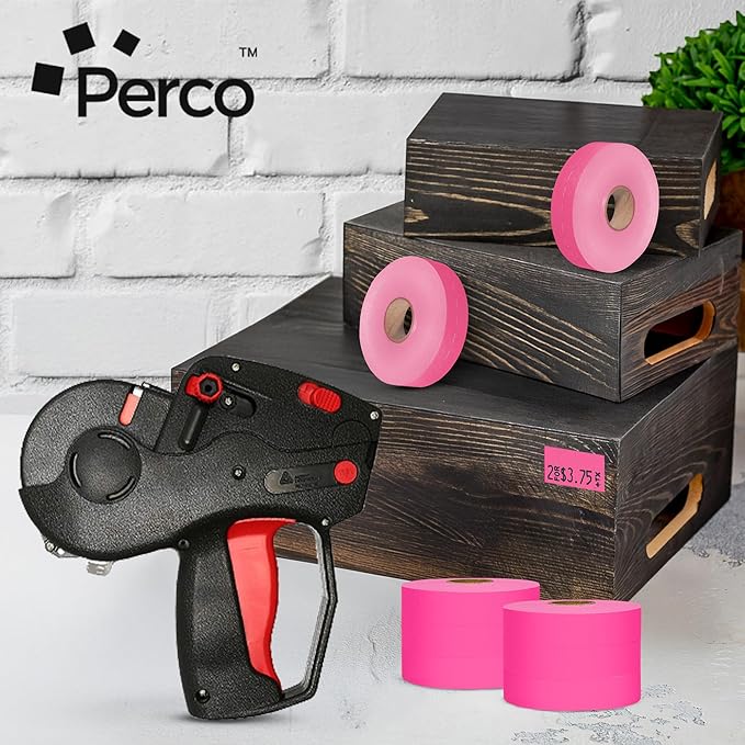 Perco Fluorescent Pink Pricing Labels for Monarch 1131 Price Gun - 1 Sleeve, 8 Rolls, 20,000 Price Marking Labels - with Ink Roll Included