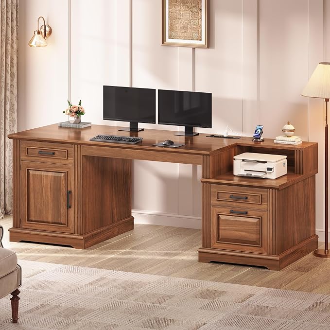 SEDETA Farmhouse Executive Desk, 62'' Home Office Desk with File Drawers, 3Drawer and Storage Cabinet, Computer Desk with Power Outlet for Home Office, Work Study Writing, Walnut