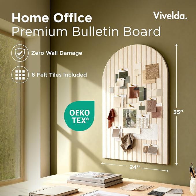 Large Felt Bulletin Board Arched 35" x 24" - Cork Board Alternative for Wall, 6 Felt Tiles with 32 Adhesive Tabs, Stylish Pin Board for Home Office, Bedroom & Classroom (Linen)