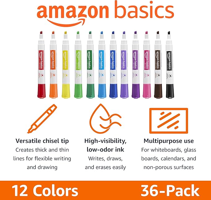 Amazon Basics Low-Odor Dry Erase Whiteboard Markers, Chisel Tip, Quick-Dry, 12 Assorted Colors, 36-Pack