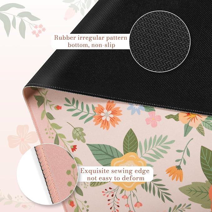 iCasso Floral Desk Mat for Keyboard and Mouse, Pink Floral | Cute Gaming Mouse Pad,Anti-Slip Soft Lycra Surface Computer Mat Women,Girly Big Mousepad for Home Office