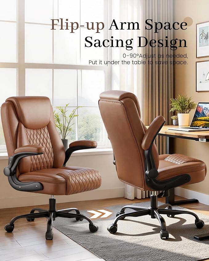 COMHOMA Mid-Back Office Chair, Ergonomic PU Desk Chair with Flip up Arms, Small Computer Gaming with Comfy Lumbar Support,Rocking Function,Sturdy Metal Base, Brown