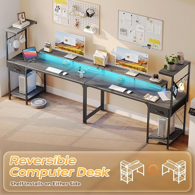 55.1 Inch Gaming Desk with LED Lights & Power Outlets | Computer Desk with Drawer & Storage Shelves, Office Writing Desk with Monitor Stand for Work from Home, Grey