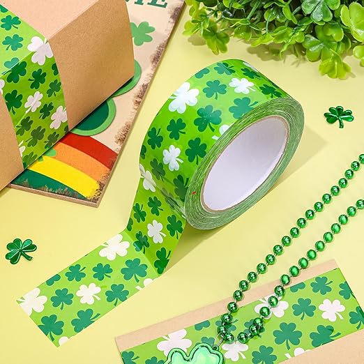 Whaline 109 Yard St Patrick's Day Packing Tapes Irish Luck Green White Shamrock Clover Pattern Decorative Tape Waterproof Gift Wrapping Tape for Small Business DIY Crafts Box Carton Decor