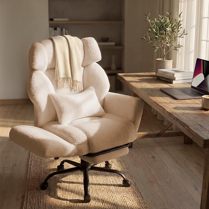 Office Chair with Flip Armrests,Big and Tall Office Chair with Foot Rest,Extra Wide Seat & Lumbar Pillow,Ergonomic Computer Gaming Chair,Comfy Criss Cross Chair for Pets Sitting,Teddy Fleece,Beige