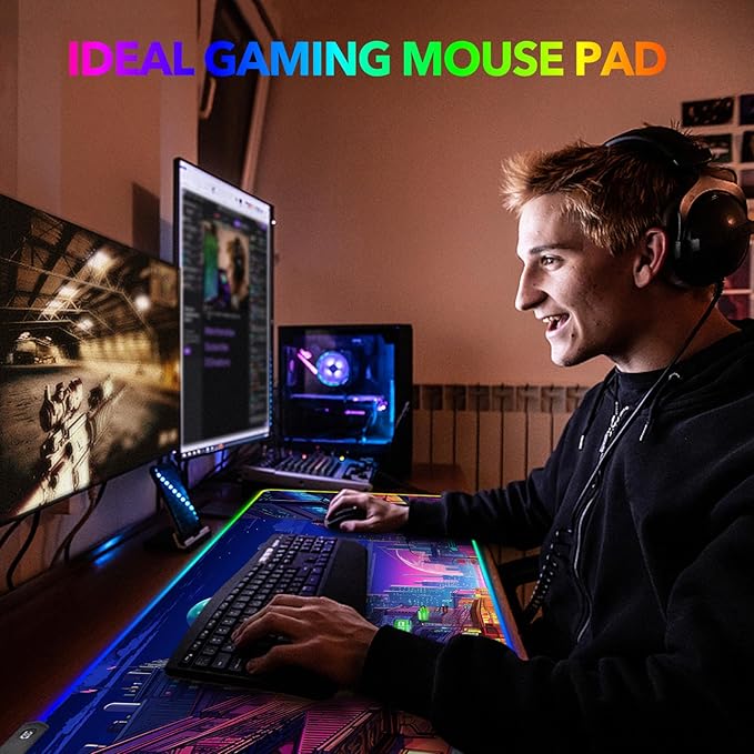 AIMSA RGB Gaming Mouse Pad, Large Mousepad with 14 Led Light Modes, Keyboard Pad Gaming Accessories for Desk, Non-Slip Rubber Base Mouse Mat for Gamer, Modern Urban Night Scene