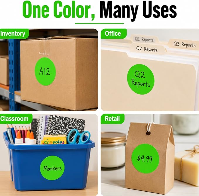 Fluorescent Green Dot Stickers, 2 Inch, 500/Roll | Writable Matte Paper Circle Stickers for Inventory, Classrooms, Offices, Retail, and Color Coding. Made in USA