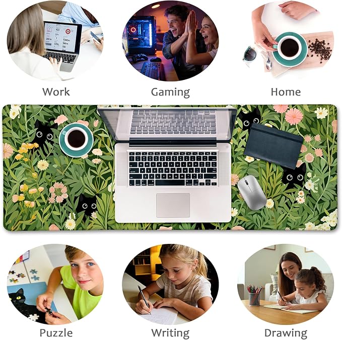 LIMKRIAN Anime Cat Mouse Pad, Green Desk Matt for Desktop, 31.5x11.8 in | Large Mouse Pads for Desk Gaming Computer Laptop, Stitched Edges, Non-Slip, Cute Green Office Desk Accessories for Women
