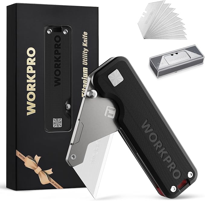 WORKPRO Premium Titanium Utility Knife, CNC Unibody, Lightweight G-10Handle Folding Box Cutter, Quick Change Blade Razor Knife,Ideal Gifts for Men Women, with 10 Extra Blades