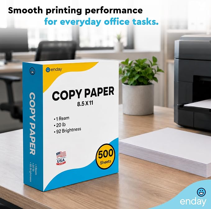 Printer Paper - 8.5 x 11 White Letter Size Copy Paper, (1 Ream 500 Sheets) 20 lb, Standard Copy Paper for Printing, Drawing & Writing, Computer Paper Office Supplies, By Enday