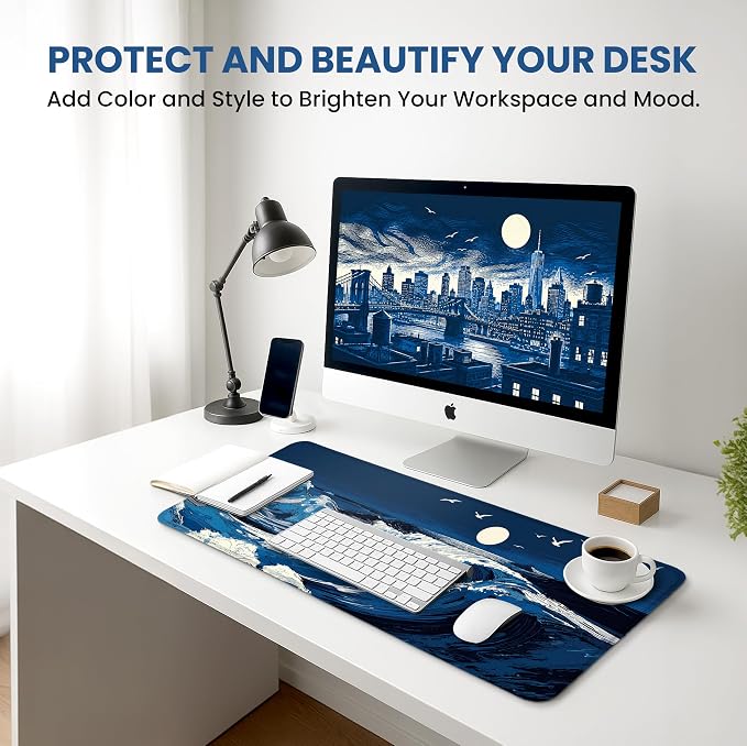 Aesthetic Desk Mat, Cute Moonlit Waves Desk Pad Protector for Work & Decor, 35.4" x 15.7", Pretty Non-Slip Extended Mouse Pad for Office or Home