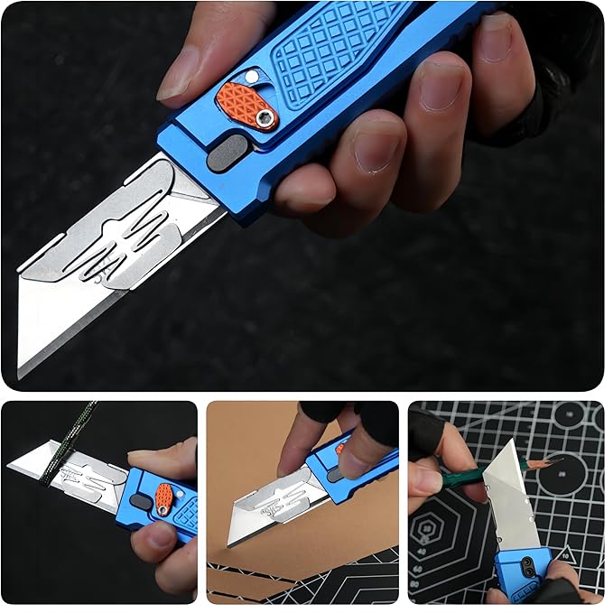 5.8" Aluminium Utility Knife, EDC Box Cutter with Clip, CNC Unibody, Lightweight All Metal Folding Box Cutter, Ideal Gifts for Men Women, with 10 Extra Blades（Blue）