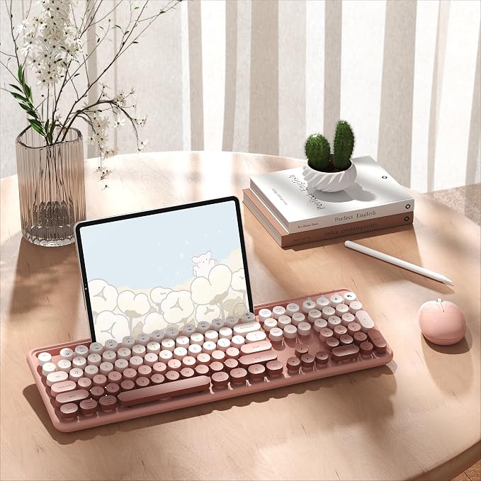 Wireless Keyboard and Mouse Combo with Phone Holder (Peach Colorful) | MPTOG Colorful Typewriter Keys with Wrist Rest, , 2.4GHz Wireless, Full-Sized Optical Mouse for PC and Laptop