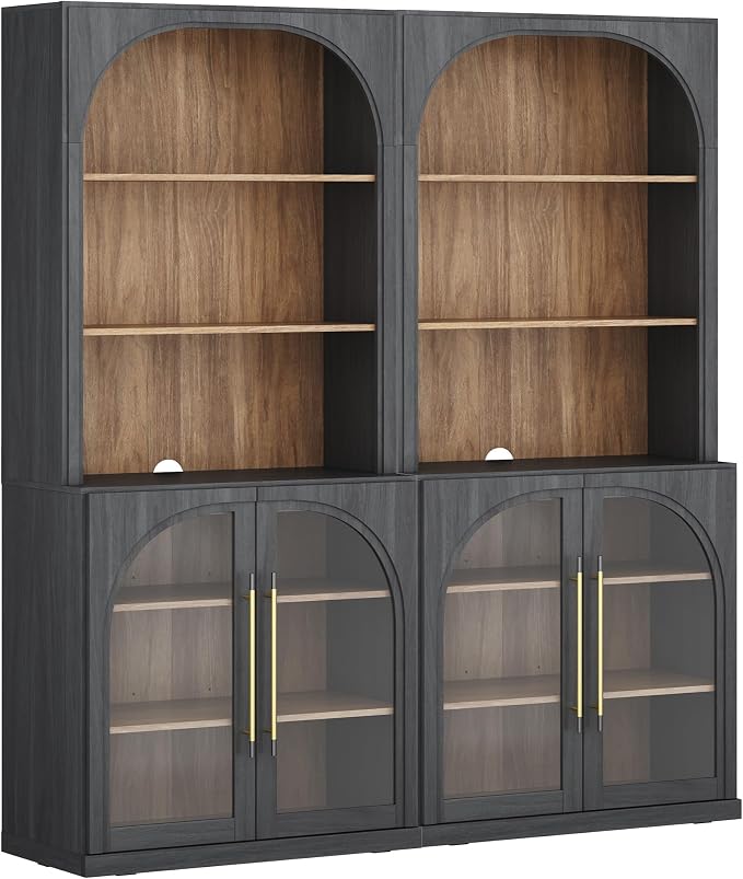 BELLEZE Glass Display Curio Cabinet Set of 2, 72" Tall Modern Wood 6-Tier Shelf Storage with Sturdy Aluminum Handle, Bookshelf Bookcase for Office, Living Room, Ebony