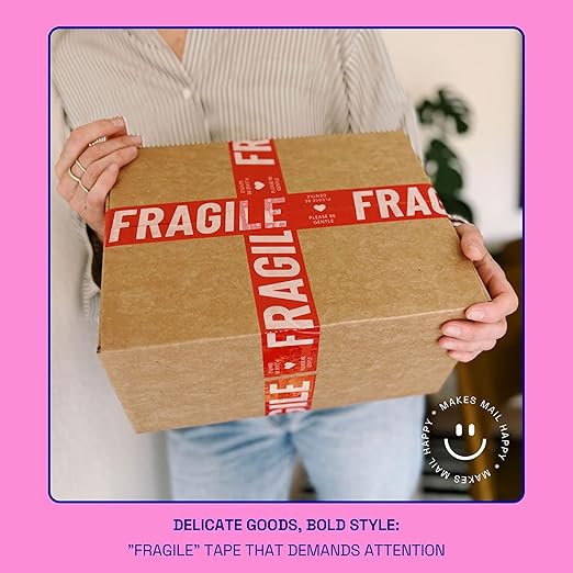 Fragile Packing Tape with Pink Dispenser – Please Be Gentle Red & Pink Design, 1.88" x 22.2 Yards – Packaging Tape for Moving Boxes, Small Business, and Mailers