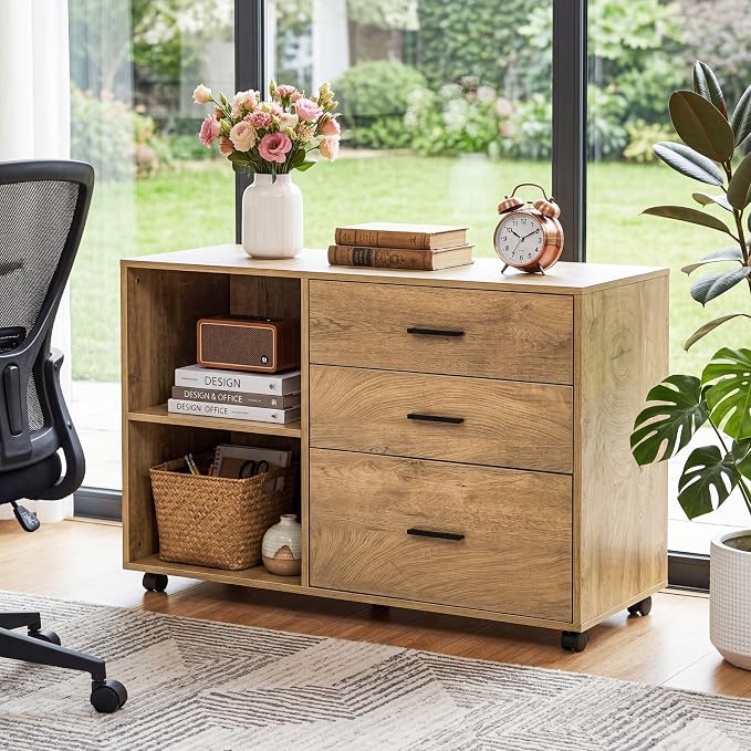 Tribesigns 39" Rolling File Cabinet with 3 Drawers for Office, Light Brown | Wooden Office Lateral Filing Cabinet for Home Office Modern Mobile Printer Stand with Storage Shelves Large Storage Drawer