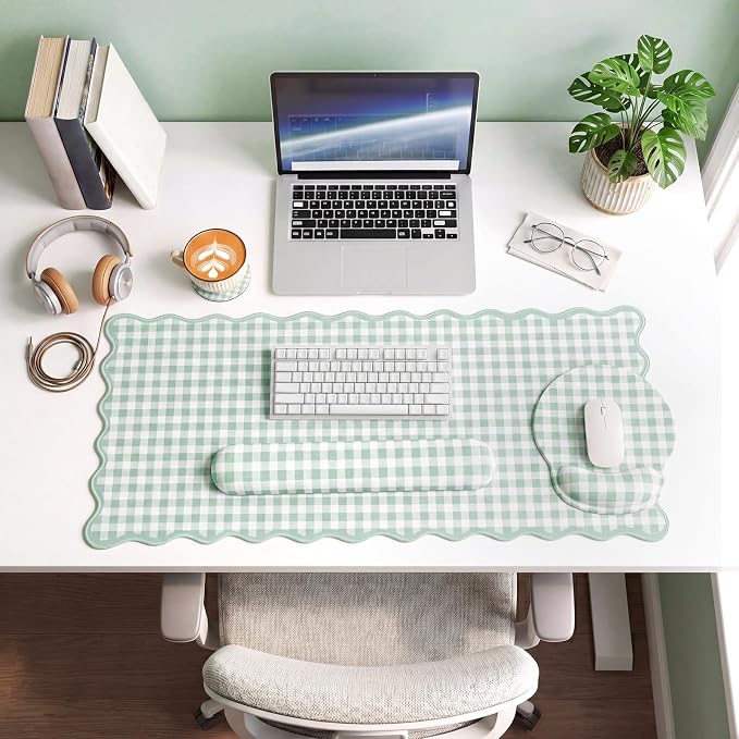 Green Gingham Desk Mat Set with Wrist Rest, Ergonomic Design, Scalloped Edge Keyboard Mouse Pad Set Large 35.4x15.7 Inch, Memory Foam Wrist Support, Non-Slip Desk Pad Home Office Decor