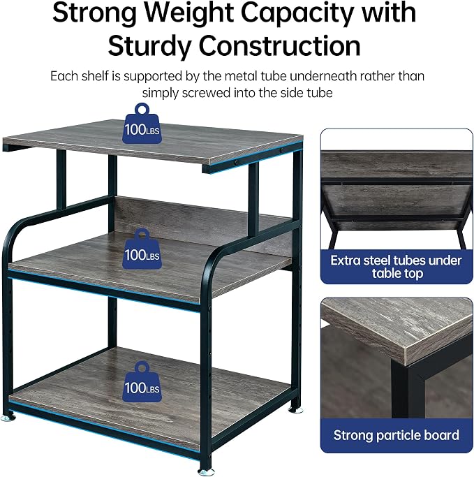 Fannova Gray Printer Stand, 23.6"x18.9" Large Printer Table with Storage | Height Adjustable Middle Shelf, Heavy Duty Industrial Wheels, 3 Tier Rolling Cart for 3D Printer, Home Office Furniture