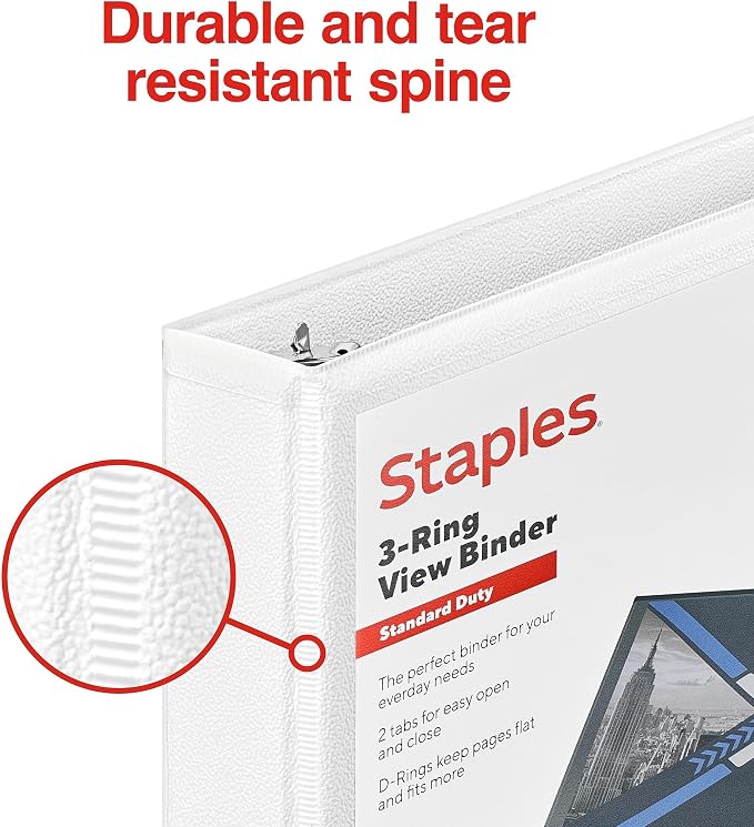 Staples 1/2" 3-Ring View Binder, D-Ring, White, 4/Pack