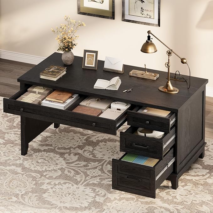 Garvee 53.5" Wooden Home Office Desk with File Drawers, Executive Desk with Power Outlet, Farmhouse Wood Desk with Storage, Distressed Study and Work Table, Rustic Black