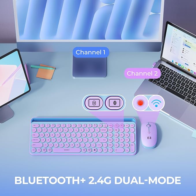 seenda CTU-301 Bluetooth Keyboard and Mouse Combo for iPad,Blue&Purple | Bluetooth+2.4G combo with tablet holder, full-size keys and quiet clicks for iPad, iPhone, Mac, Windows and Android.
