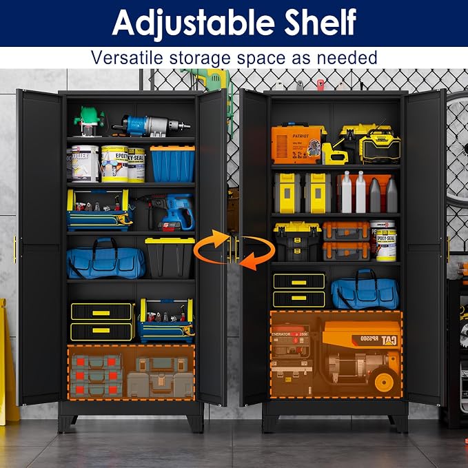 erosoei 75" H Metal Garage Storage Cabinet, Black Metal Pantry Cabinet with 2 Doors, Locker Steel Cabinet with 5 Adjustable Shelves, Freestanding Cupboard for Garage,Office,Home,Gym,School