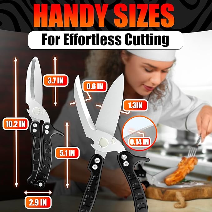 4-in-1 Multi-Use Heavy Duty Poultry Shears – Sharp Seafood, Fish, Turkey & Chicken Shears with Non-Slip Metal Handle & Micro-Serrated Blades – Spring-Loaded, Safety Lock Bone Scissors (Black)