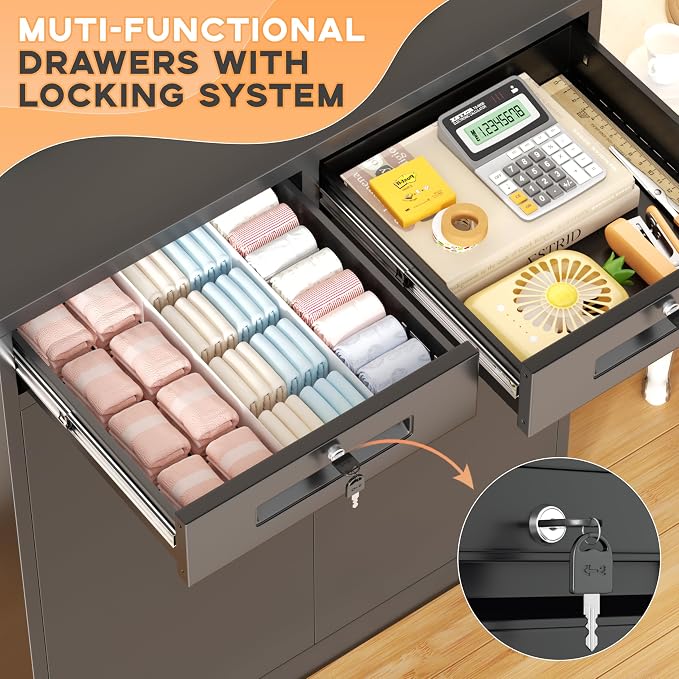 Metal Garage Storage Cabinets with Lock,Steel Storage Cabinet with Drawer and 2 Adjustable Shelves, Small Lockable Office Steel Cabinet for Home, Warehouse, School, Black