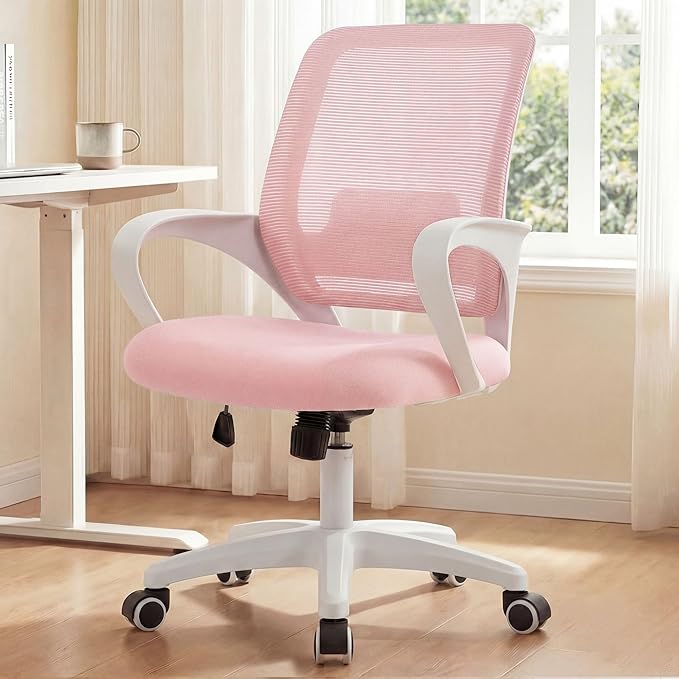 NEO Chair Office Desk Ergonomic Mesh Computer Chair with Lumbar Support Adjustable Height Swivel Rolling Wheels Comfy Mid Back Task Chair for Home Bedroom Vanity Study (Pastel Pink)