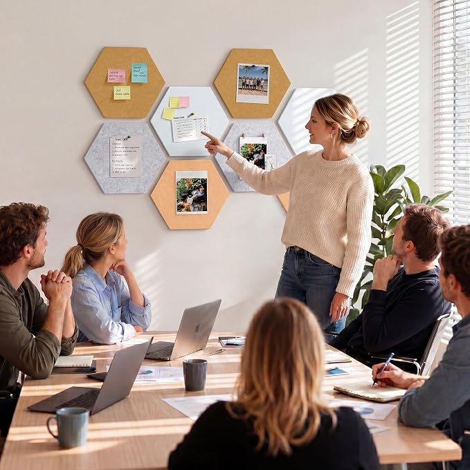 8-Pack Hexagon Felt Bulletin Board Tiles, Cork Board Alternative | For students and teachers creating vision boards in homes, offices, dorms or classrooms; includes 30 push pins.