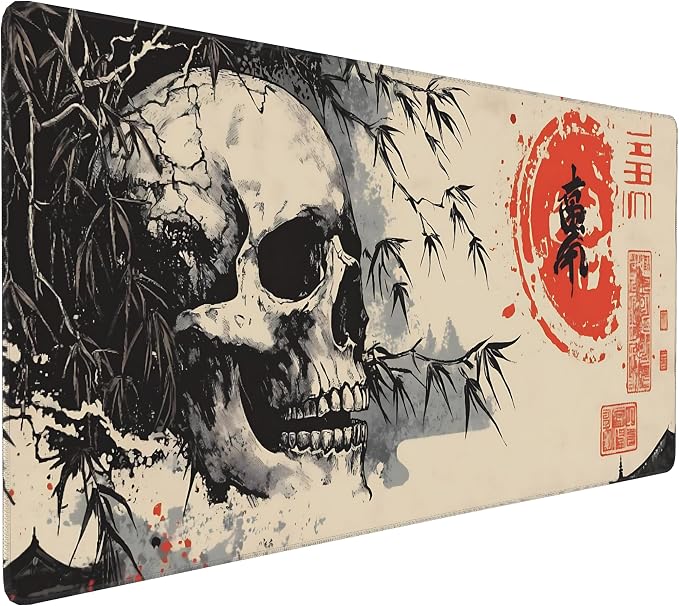 Aesthetic Skull Gaming Mouse Pad, Beige Black Japanese Desk Mat with Anti-Slip Base & Stitched Edges,35.4" x 15.7" in Desk Accessories for Women, Home Office Decor & Artistic Gift