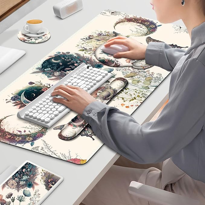 Large Desk Mat, Cute Boho Plants Mouse Pad, Apricot Desk Pad, XXL Mousepad | + Keyboard Wrist Rest+Mouse Wrist Rest+Coaster Desk Pad for Girl Women Home Office Decor Aesthetics, Floar Butterfly Moon