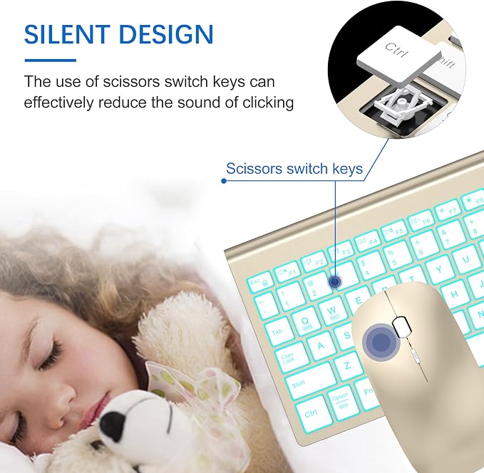 Wireless Backlit Keyboard and Mouse Ultra Slim Combo, TopMate - Gold White | 2.4G Silent Compact 2400DPI Mouse and Scissor Switch Keyboard Set, Batteries Included, for PC/Laptop/Windows/Mac/Gaming