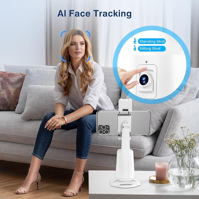 Auto Face Tracking Tripod 360° Rotating Cell Phone Photo and Video Kits Stand, No App, Camera Stand with Remote and Gesture Control, Rechargeable Smart Shooting Stand for Live Recording Tiktok（White）