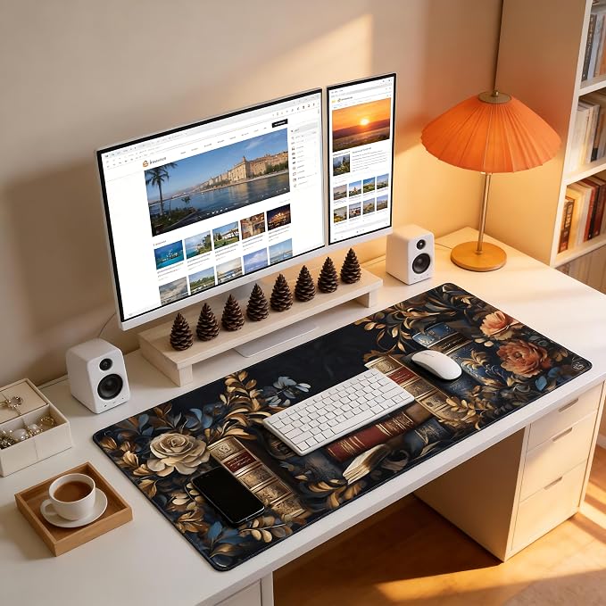 Floral Aesthetic Book Gaming Mouse Pad, Black Gold Baroque Desk Mat with Anti-Slip Base & Stitched Edges, Computer Keyboard & Laptop Pad, 35.4" x 15.7" in in Workstation Accessories
