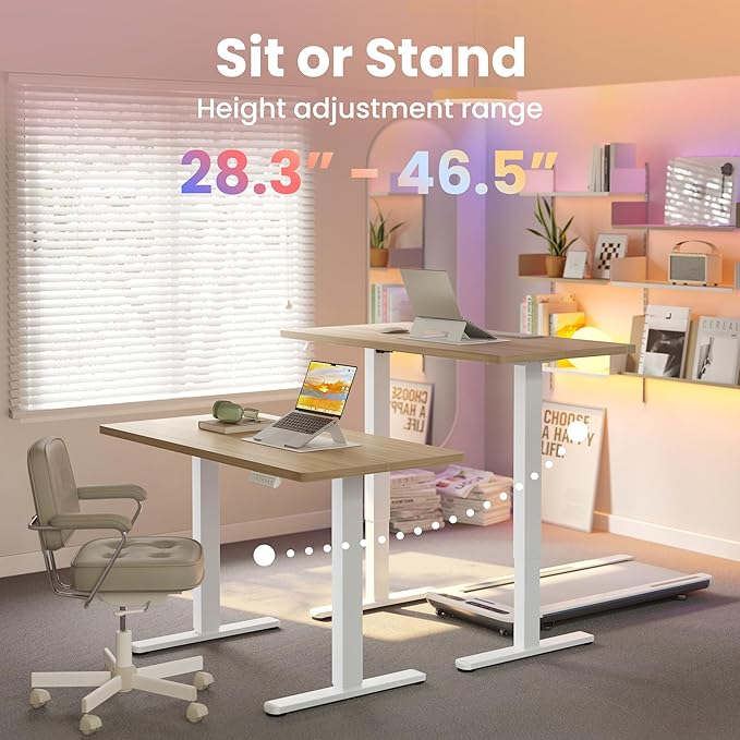 HUANUO 63x28 Inch Electric Standing Desk, Height Adjustable, Light Walnut | 176 Lbs Capacity, Smooth Home Office Desk, 4 Memory Presets & Headphone Hooks, 28.3–46.5 Inch Height Range, Easy to assemble