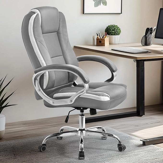 NEO CHAIR Office Desk Chair PU Leather Chair with Lumbar Support, Grey | Ergonomic High Back Executive Computer Chair, Comfortable Padded Fixed Armrests Swivel Chair with Wheels for Office/Home