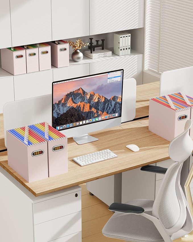 Portable Collapsible Cardboard File Box with Handle for Letter-Size | 4-Pack. Stainless Steel Handle. Label Stickers Included. Fits Letter Folders (Not Included). Home, Office, School, Dorm, Tax.