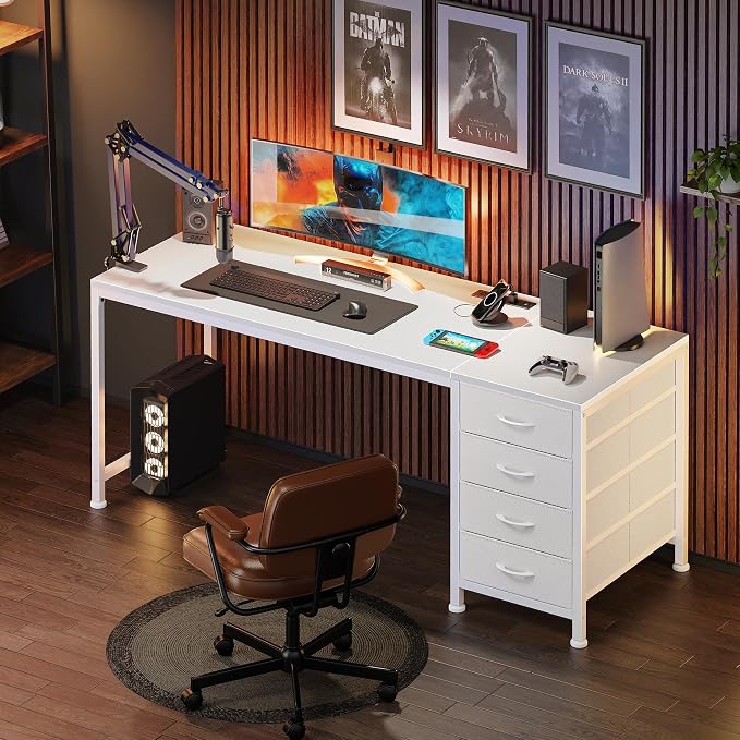 55.1 Inch Computer Office Desk with Power Outelts and USB-C Port, Reversible Gaming Desk with 4 Fabric Drawers, Work Study Desk Work from Home, White