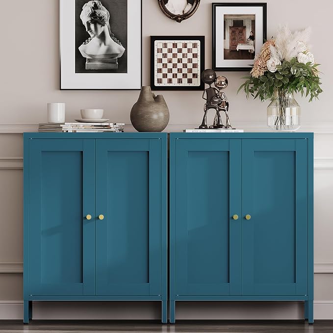 YAUWOH Metal Bathroom Storage Cabinet,Bathroom Floor Storage Cabinet with 2 Adjustable Shelves and 2 Doors,Freestanding Sideboard for Small Spaces, Living Room, Home Office, Dining Room