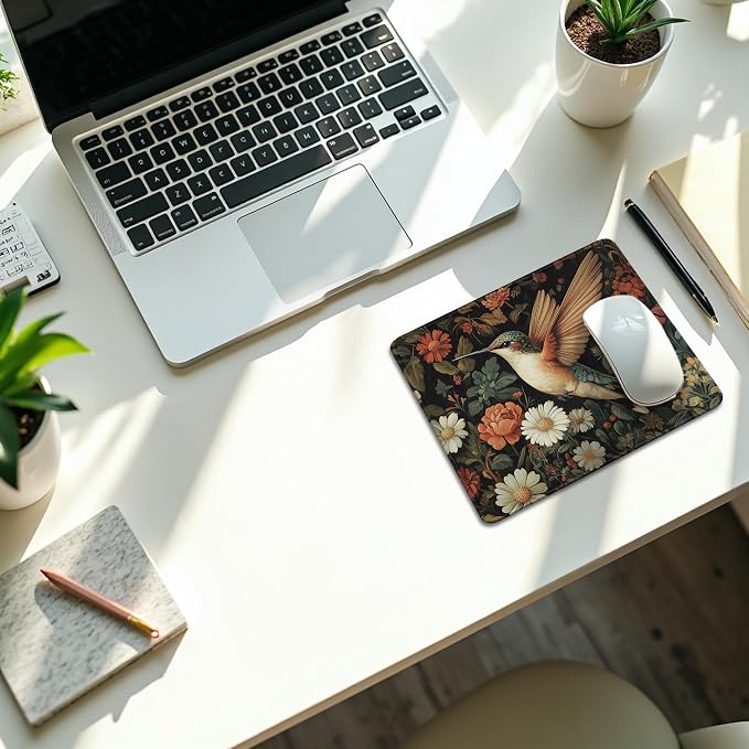 Moody Floral Hummingbird Mouse Pad, Bird Lovers Gifts, Dark Cottagecore Botanical Humming Bird Mouse Pads Mousepad for Home Office Dorm Computers Laptop Supplies Desk Accessories, 9.5x7.9 Inch