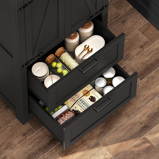 66.1" H Storage Cabinet, Farmhouse Kitchen Pantry Cabinet with 2 Drawers & Adjustable Shelf, Bathroom Cabinet, for Living Room, Kitchen, Bathroom, Black