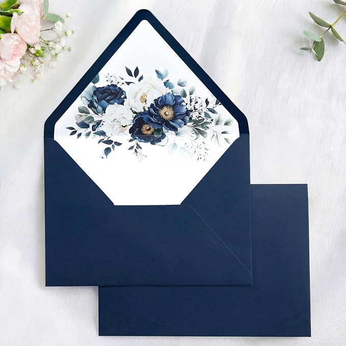 PONATIA 50PCS A7 Euro Flap Envelopes, 5.25 x 7.25'' Liner Envelope For 5x7'' Weddings Invitation Cards, Christmas Gift Cards, Acrylic Invitations, Photos (Navy Blue)