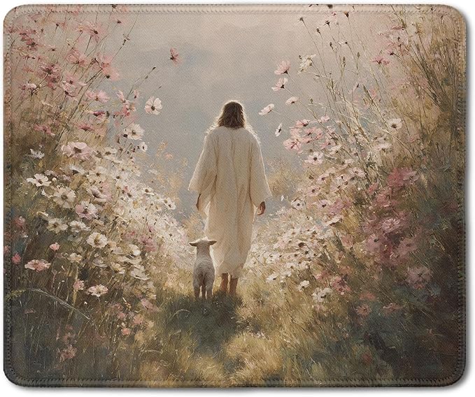 Christian Jesus with Lamb Flower Mouse Pad, Christian Jesus Gifts Mouse Pads Mousepad for Desk Office Computers Laptop, Religious Office Supplies Desk Accessories, 9.5x7.9 Inch