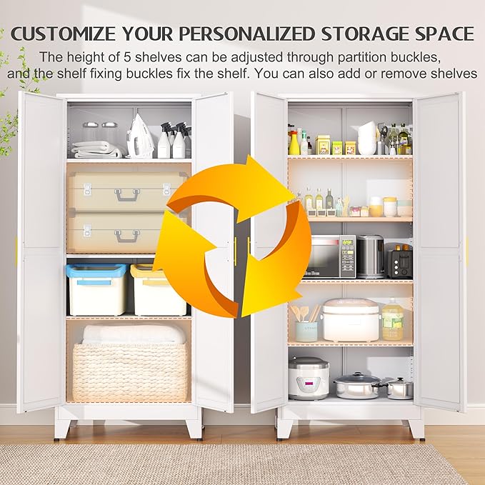 75.2" Tall Metal Kitchen Pantry Storage Cabinets with 2 Door and 5 Adjustable Shelves, Cupboard for Kitchen, Dining Room, Living Room and Bathroom, White