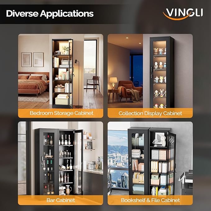 VINGLI Lockable Display Cabinet with Glass Door & 4 Adjustable Shelves, 65" Tall Metal Storage Cabinet Curio Liquor, Bookshelf Bookcase for Home Office Living Room Pantry Garage (Black)