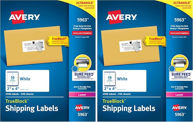 Avery® Printable Shipping Labels, Sure Feed® Technology, 2" x 4" Customizable Stickers, White, 2,500 Blank Mailing Labels, Great for Mailing, Shipping, and More (5963), 2" x 4" (Pack of 2)