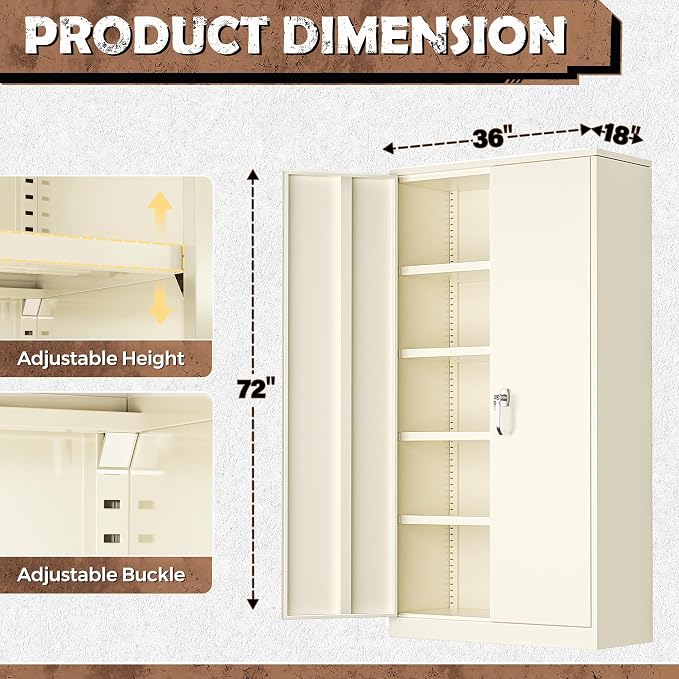 Metal Storage Cabinet, 72” H Storage Cabinet with 2 Doors and 4 Adjustable Shelves for Office, Home, Garage, Pantry (Assembly Required, Grey)