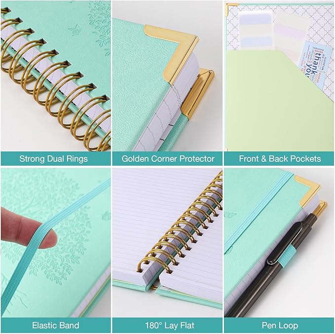 Spiral Notebook, College Ruled Notebook, 8" x 10", 300 Pages Leather Journals for Writing, B5 Hardcover Journaling Notebooks for Work School, 24pcs Tabs, Large Embossed Journal for Women Men, Teal