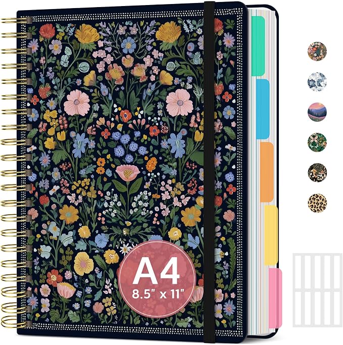 Spiral Notebooks for Work 5 Subject Notebook with Removable Dividers | Aesthetic Hardcover Journal for Women 8.5" x 11" College Ruled 280 Pages Journal for School & Note Taking, Garden of Whimsy